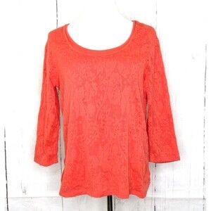 Coldwater Creek Women's Lace Overlay Top Pullover 3/4 Sleeve Orange Size Large